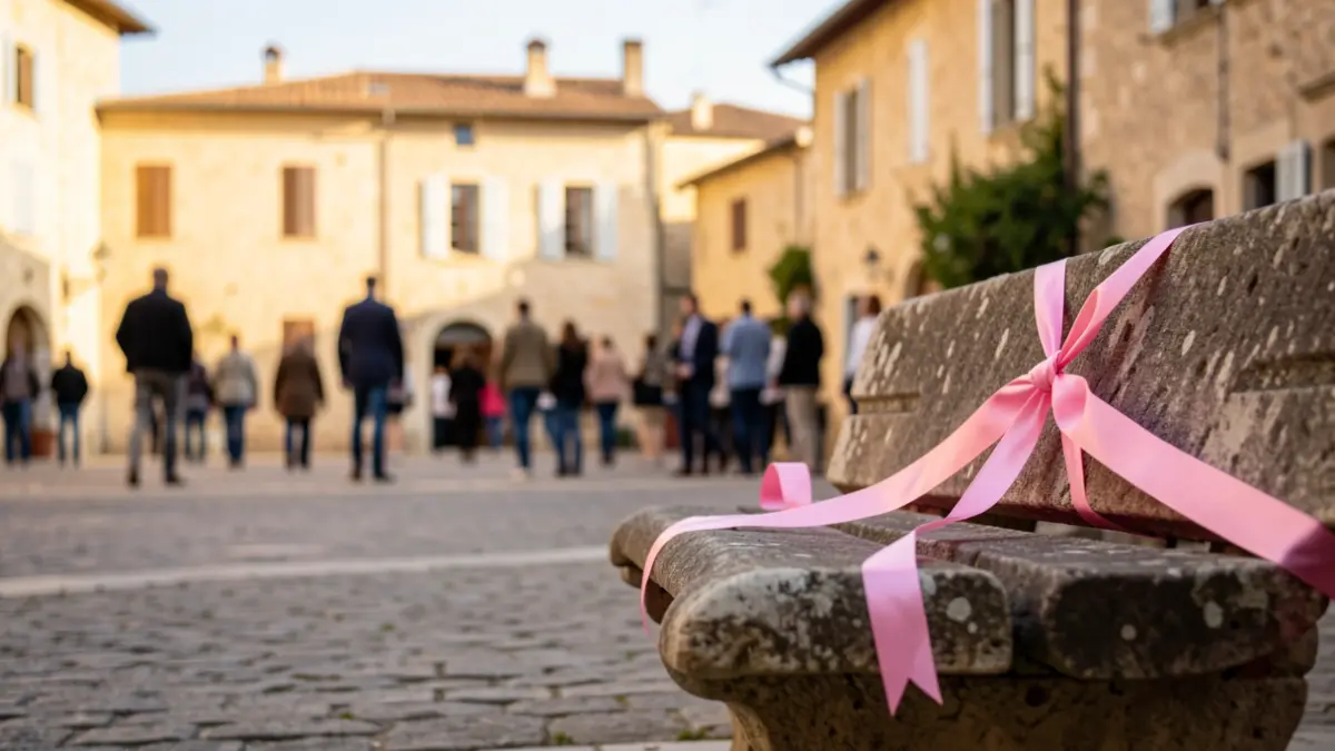 Symbole d'Octobre Rose : un ruban rose sur un banc en pierre.