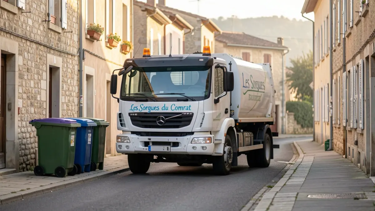 Camion de collecte des déchets de la Communauté d'Agglomération Les Sorgues du Comtat dans une rue résidentielle tôt le matin.